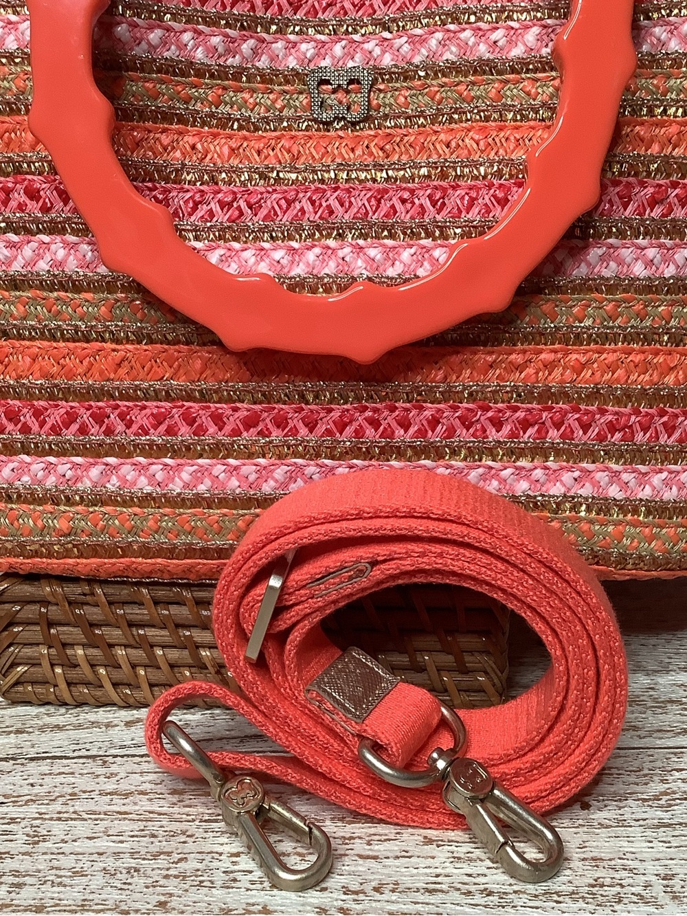 Eric Javits LEILA Coral Pink Striped Woven Satchel Crossbody Bamboo Handle Bag - Picture 7 of 16